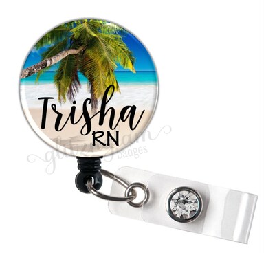 Tropical Beach Retractable Badge Reel, Personalized Name Badge Reel, Palm Tree Badge Reel, Custom Badge Holder, Nurse Badge Reel - GG4298 - image1